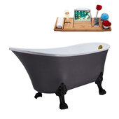  N351 63'' Vintage Oval Soaking Clawfoot Bathtub, Grey Exterior, White Interior, Black Clawfoot, Gold Internal External Drain, w/ Tray