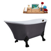  N351 63'' Vintage Oval Soaking Clawfoot Tub, Grey Exterior, White Interior, Black Clawfoot, Oil Rubbed Bronze External Drain, w/ Bamboo Tray