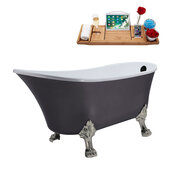  N351 63'' Vintage Oval Soaking Clawfoot Bathtub, Grey Exterior, White Interior, Nickel Clawfoot, Black External Drain, w/ Tray