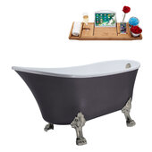  N351 63'' Vintage Oval Soaking Clawfoot Bathtub, Grey Exterior, White Interior, Nickel Clawfoot, Nickel External Drain, w/ Tray
