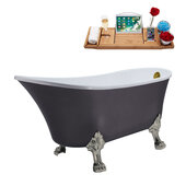  N351 63'' Vintage Oval Soaking Clawfoot Bathtub, Grey Exterior, White Interior, Nickel Clawfoot, Gold External Drain, w/ Tray