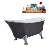  N351 63'' Vintage Oval Soaking Clawfoot Bathtub, Grey Exterior, White Interior, Chrome Clawfoot, White External Drain, w/ Tray