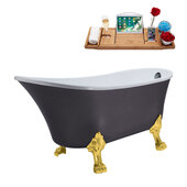  N351 63'' Vintage Oval Soaking Clawfoot Bathtub, Grey Exterior, White Interior, Gold Clawfoot, Chrome External Drain, w/ Tray
