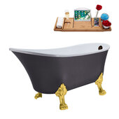  N351 63'' Vintage Oval Soaking Clawfoot Tub, Grey Exterior, White Interior, Gold Clawfoot, Oil Rubbed Bronze External Drain, w/ Bamboo Tray