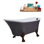  N351 63'' Vintage Oval Soaking Clawfoot Tub, Grey Exterior, White Interior, Oil Rubbed Bronze Clawfoot, ORB External Drain, w/ Bamboo Tray