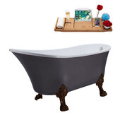  N351 63'' Vintage Oval Soaking Clawfoot Tub, Grey Exterior, White Interior, Oil Rubbed Bronze Clawfoot, White External Drain, w/ Bamboo Tray