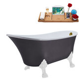 N351 63'' Vintage Oval Soaking Clawfoot Bathtub, Grey Exterior, White Interior, White Clawfoot, Gold Internal External Drain, w/ Tray