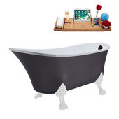  N351 63'' Vintage Oval Soaking Clawfoot Tub, Grey Exterior, White Interior, White Clawfoot, Oil Rubbed Bronze External Drain, w/ Bamboo Tray