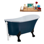  N352 63'' Vintage Oval Soaking Clawfoot Bathtub, Light Blue Exterior, White Interior, Black Clawfoot, White External Drain, w/ Tray
