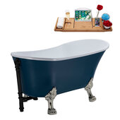  N352 63'' Vintage Oval Soaking Clawfoot Bathtub, Light Blue Exterior, White Interior, Nickel Clawfoot, Black External Drain, w/ Tray