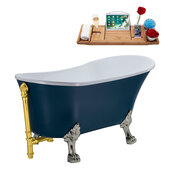  N352 63'' Vintage Oval Soaking Clawfoot Bathtub, Light Blue Exterior, White Interior, Nickel Clawfoot, Gold External Drain, w/ Tray