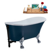  N352 63'' Vintage Oval Soaking Clawfoot Bathtub, Light Blue Exterior, White Interior, Chrome Clawfoot, Black External Drain, w/ Tray