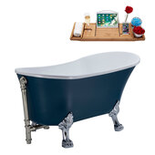  N352 63'' Vintage Oval Soaking Clawfoot Bathtub, Light Blue Exterior, White Interior, Chrome Clawfoot, Nickel External Drain, w/ Tray