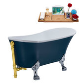  N352 63'' Vintage Oval Soaking Clawfoot Bathtub, Light Blue Exterior, White Interior, Chrome Clawfoot, Gold External Drain, w/ Tray