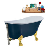  N352 63'' Vintage Oval Soaking Clawfoot Bathtub, Light Blue Exterior, White Interior, Gold Clawfoot, Nickel External Drain, w/ Tray