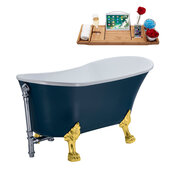  N352 63'' Vintage Oval Soaking Clawfoot Bathtub, Light Blue Exterior, White Interior, Gold Clawfoot, Chrome External Drain, w/ Tray