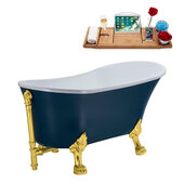  N352 63'' Vintage Oval Soaking Clawfoot Bathtub, Light Blue Exterior, White Interior, Gold Clawfoot, Gold External Drain, w/ Tray