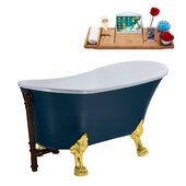  N352 63'' Vintage Oval Soaking Clawfoot Tub, Light Blue Exterior, White Interior, Gold Clawfoot, Oil Rubbed Bronze External Drain, w/ Tray