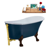  N352 63'' Vintage Oval Soaking Clawfoot Tub, Light Blue Exterior, White Interior, Oil Rubbed Bronze Clawfoot, Gold External Drain, w/ Tray