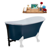  N352 63'' Vintage Oval Soaking Clawfoot Bathtub, Light Blue Exterior, White Interior, White Clawfoot, Black External Drain, w/ Tray