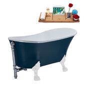  N352 63'' Vintage Oval Soaking Clawfoot Bathtub, Light Blue Exterior, White Interior, White Clawfoot, Chrome External Drain, w/ Tray
