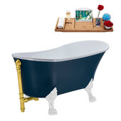  N352 63'' Vintage Oval Soaking Clawfoot Bathtub, Light Blue Exterior, White Interior, White Clawfoot, Gold External Drain, w/ Tray