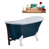  N352 63'' Vintage Oval Soaking Clawfoot Tub, Light Blue Exterior, White Interior, White Clawfoot, Oil Rubbed Bronze External Drain, w/ Tray