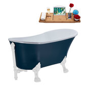  N352 63'' Vintage Oval Soaking Clawfoot Bathtub, Light Blue Exterior, White Interior, White Clawfoot, White External Drain, w/ Tray