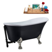  N353 63'' Vintage Oval Soaking Clawfoot Bathtub, Black Exterior, White Interior, Nickel Clawfoot, Black External Drain, w/ Tray