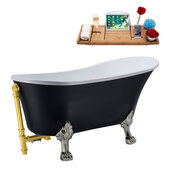  N353 63'' Vintage Oval Soaking Clawfoot Bathtub, Black Exterior, White Interior, Nickel Clawfoot, Gold External Drain, w/ Tray