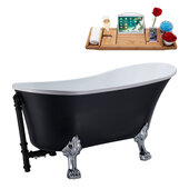  N353 63'' Vintage Oval Soaking Clawfoot Bathtub, Black Exterior, White Interior, Chrome Clawfoot, Black External Drain, w/ Tray