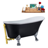  N353 63'' Vintage Oval Soaking Clawfoot Bathtub, Black Exterior, White Interior, Chrome Clawfoot, Gold External Drain, w/ Tray