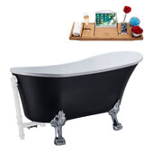  N353 63'' Vintage Oval Soaking Clawfoot Bathtub, Black Exterior, White Interior, Chrome Clawfoot, White External Drain, w/ Tray
