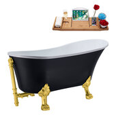  N353 63'' Vintage Oval Soaking Clawfoot Bathtub, Black Exterior, White Interior, Gold Clawfoot, Gold Internal External Drain, w/ Tray