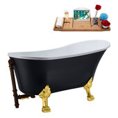  N353 63'' Vintage Oval Soaking Clawfoot Tub, Black Exterior, White Interior, Gold Clawfoot, Oil Rubbed Bronze External Drain, w/ Bamboo Tray