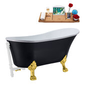 N353 63'' Vintage Oval Soaking Clawfoot Bathtub, Black Exterior, White Interior, Gold Clawfoot, White External Drain, w/ Tray