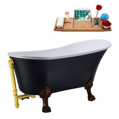  N353 63'' Vintage Oval Soaking Clawfoot Tub, Black Exterior, White Interior, Oil Rubbed Bronze Clawfoot, Gold External Drain, w/ Bamboo Tray