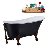  N353 63'' Vintage Oval Soaking Clawfoot Tub, Black Exterior, White Interior, Oil Rubbed Bronze Clawfoot, ORB External Drain, w/ Bamboo Tray