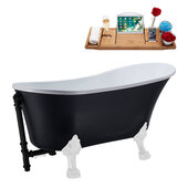  N353 63'' Vintage Oval Soaking Clawfoot Bathtub, Black Exterior, White Interior, White Clawfoot, Black External Drain, w/ Tray