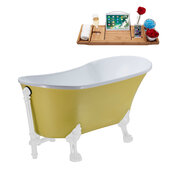  N354 55'' Vintage Oval Soaking Clawfoot Bathtub, Yellow Exterior, White Interior, White Clawfoot, White External Drain, w/ Tray