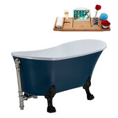  N356 55'' Vintage Oval Soaking Clawfoot Bathtub, Light Blue Exterior, White Interior, Black Clawfoot, Nickel External Drain, w/ Tray