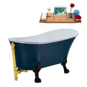  N356 55'' Vintage Oval Soaking Clawfoot Bathtub, Light Blue Exterior, White Interior, Black Clawfoot, Gold External Drain, w/ Tray