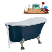  N356 55'' Vintage Oval Soaking Clawfoot Bathtub, Light Blue Exterior, White Interior, Nickel Clawfoot, White External Drain, w/ Tray
