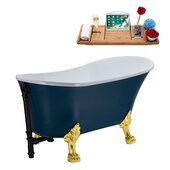  N356 55'' Vintage Oval Soaking Clawfoot Bathtub, Light Blue Exterior, White Interior, Gold Clawfoot, Black External Drain, w/ Tray