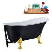  N357 55'' Vintage Oval Soaking Clawfoot Bathtub, Black Exterior, White Interior, Gold Clawfoot, Black External Drain, w/ Tray