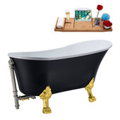  N357 55'' Vintage Oval Soaking Clawfoot Bathtub, Black Exterior, White Interior, Gold Clawfoot, Nickel External Drain, w/ Tray