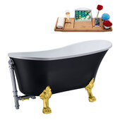  N357 55'' Vintage Oval Soaking Clawfoot Bathtub, Black Exterior, White Interior, Gold Clawfoot, Chrome External Drain, w/ Tray