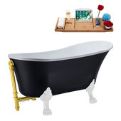  N357 55'' Vintage Oval Soaking Clawfoot Bathtub, Black Exterior, White Interior, White Clawfoot, Gold External Drain, w/ Tray