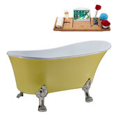  N358 55'' Vintage Oval Soaking Clawfoot Bathtub, Yellow Exterior, White Interior, Nickel Clawfoot, Black Drain, with Bamboo Tray
