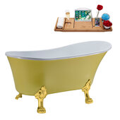  N358 55'' Vintage Oval Soaking Clawfoot Bathtub, Yellow Exterior, White Interior, Gold Clawfoot, Black Drain, with Bamboo Tray